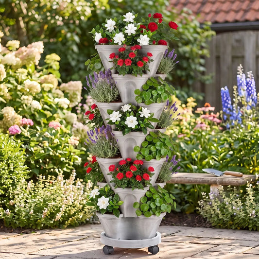 7-Tier Stackable Vertical Planter Tower with Casters