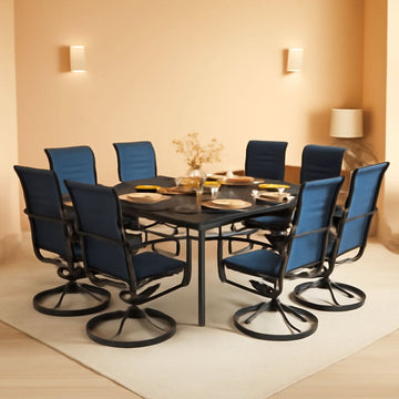 9-Piece Outdoor Dining Set with Blue Swivel Chairs & Square Table