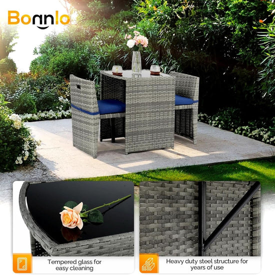 Grey Wicker Outdoor Patio Bistro Set With Glass Table-3