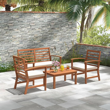 Acacia Wood Outdoor Conversation Set with Cushions, White