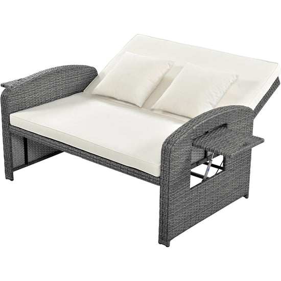 Wicker Double Chaise Lounge — two-person reclining wicker loungers with cushions and middle table