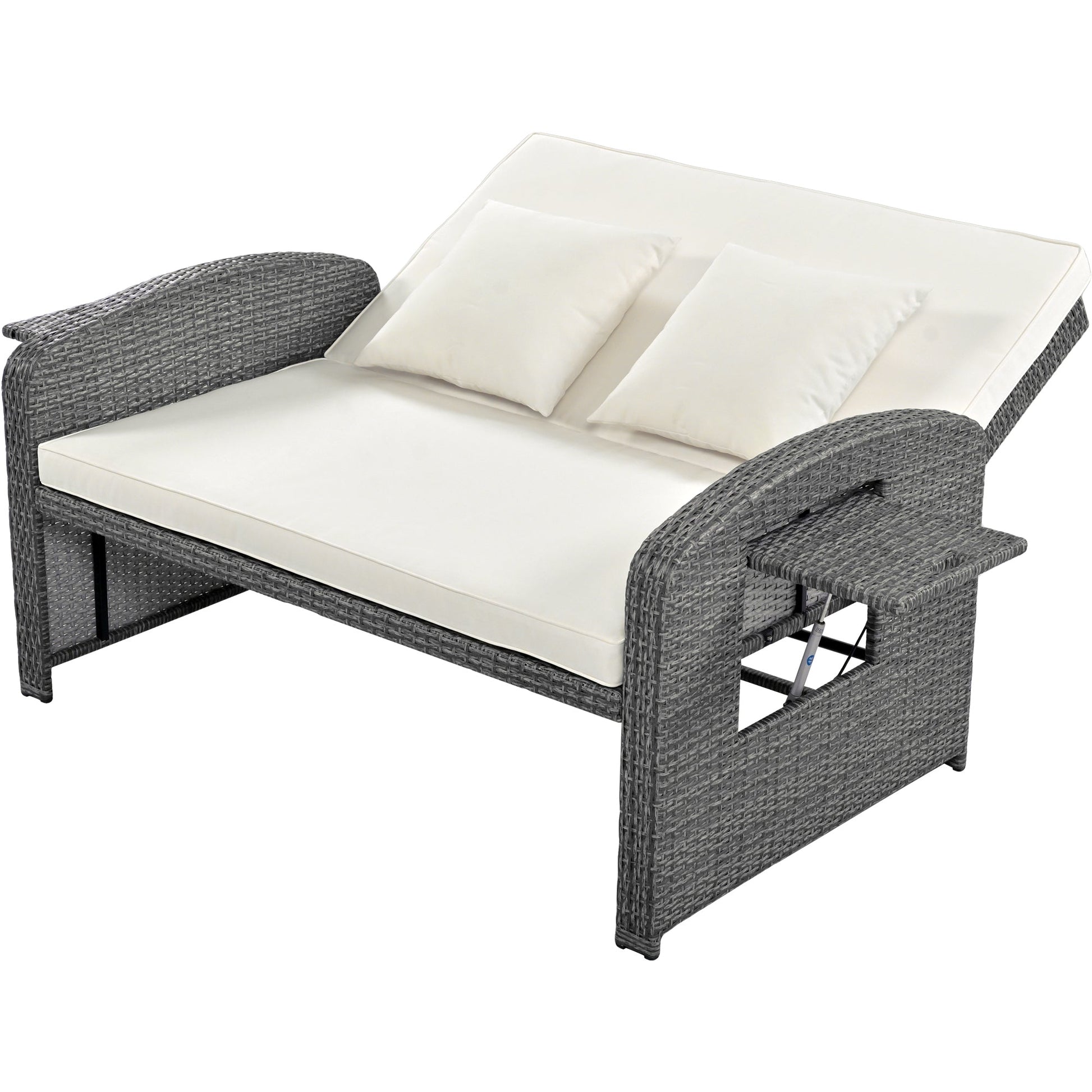 Wicker Double Chaise Lounge — two-person reclining wicker loungers with cushions and middle table