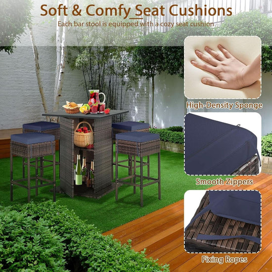 5 Piece Outdoor Bar Set Navy Blue Bar Height Table Storage-3