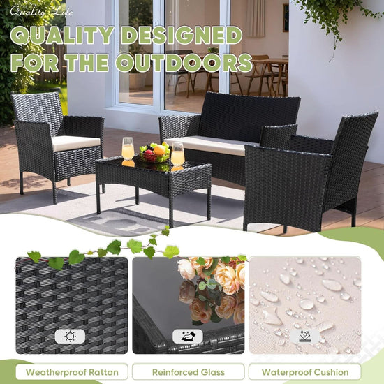 Patio Furniture Four Piece Conversation Set Black Beige-2