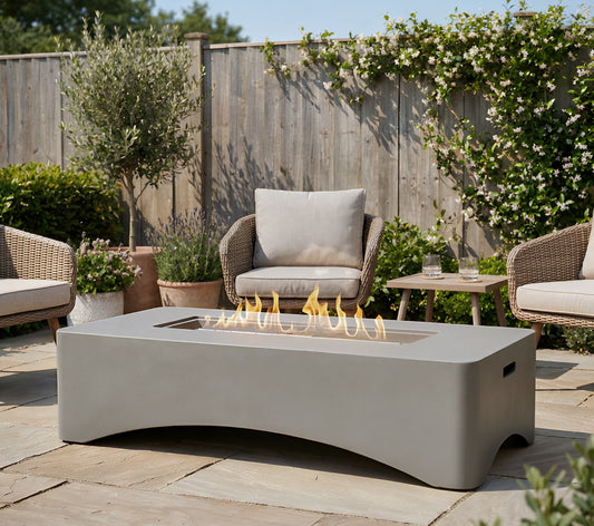 Concrete Propane Fire Pit Table — 56", 50,000 BTU, Rectangular, Light Grey