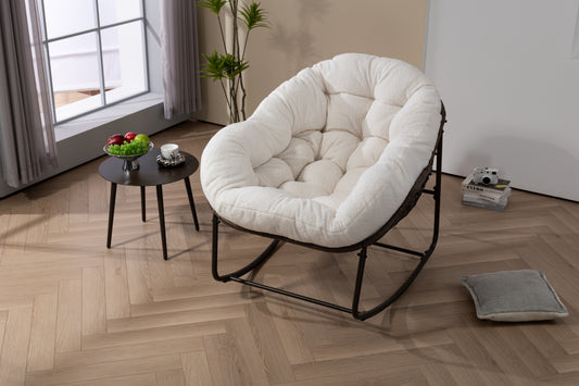 Hand-Woven Rattan Rocking Chair with Cushion, White