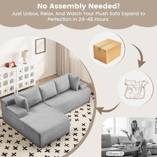 Grey cloud sectional sofa arrives compressed, no assembly needed