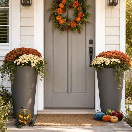 Harborview tapered planters styled flanking a coastal fall front door