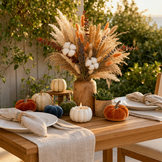 Coastal dried pampas bouquet as a centerpiece on an outdoor harvest table