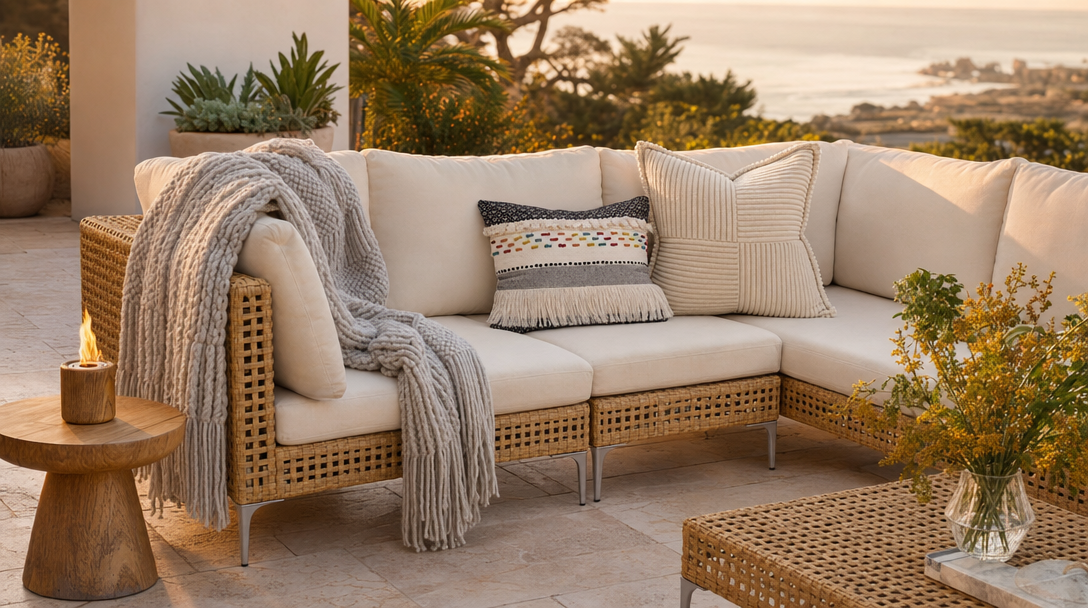 Dune chunky-knit throw styled on a coastal patio sofa at golden hour