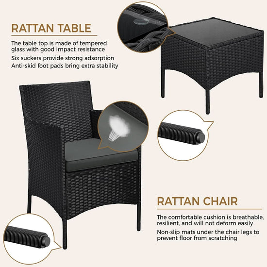 3 Piece Outdoor PE Rattan Wicker Patio Furniture Set With Soft Cushions And Glass Coffee Table-2