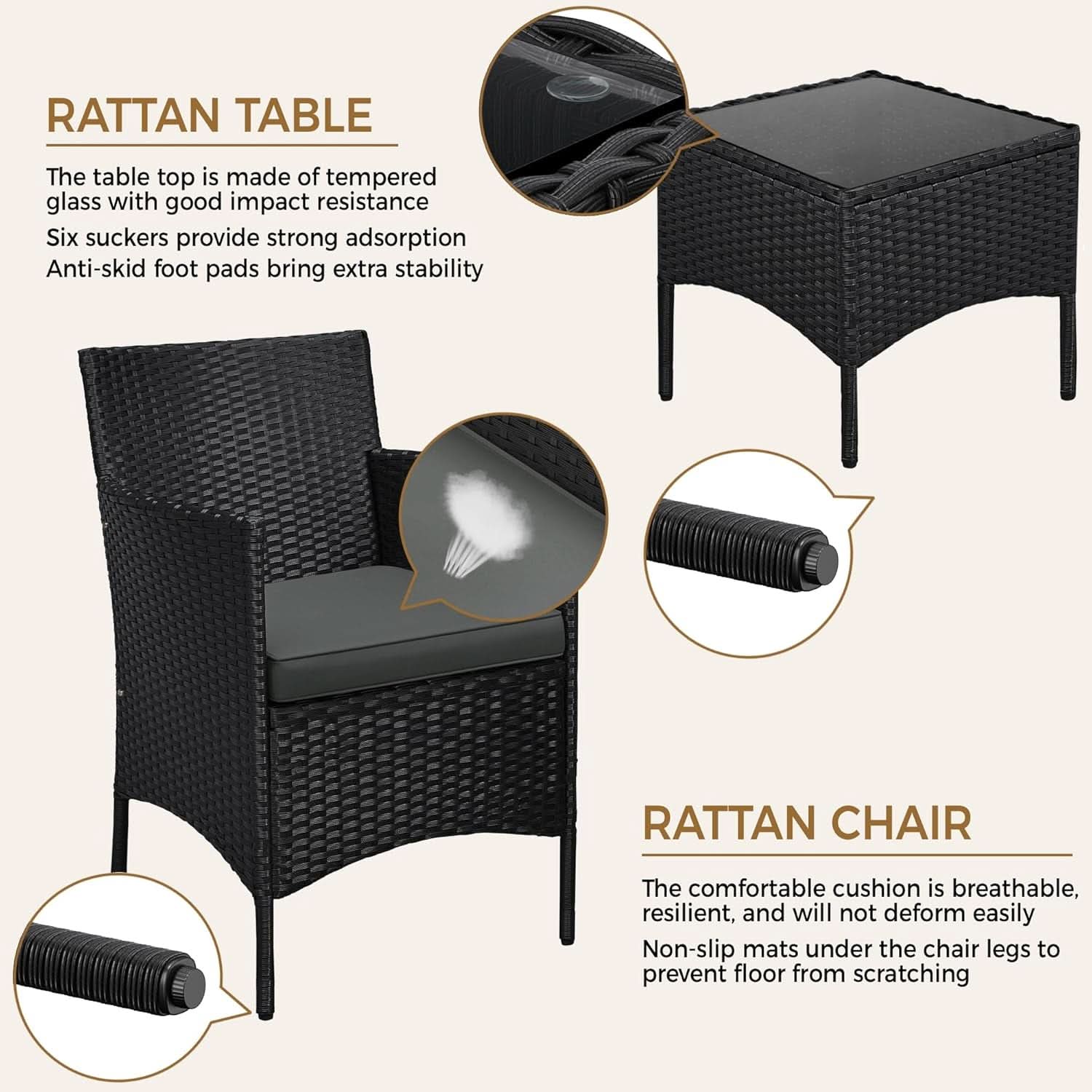 3 Piece Outdoor PE Rattan Wicker Patio Furniture Set With Soft Cushions And Glass Coffee Table-2