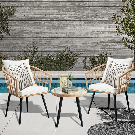 Three-Piece Wicker Bistro Set - Beige PE Rattan Table and Chairs