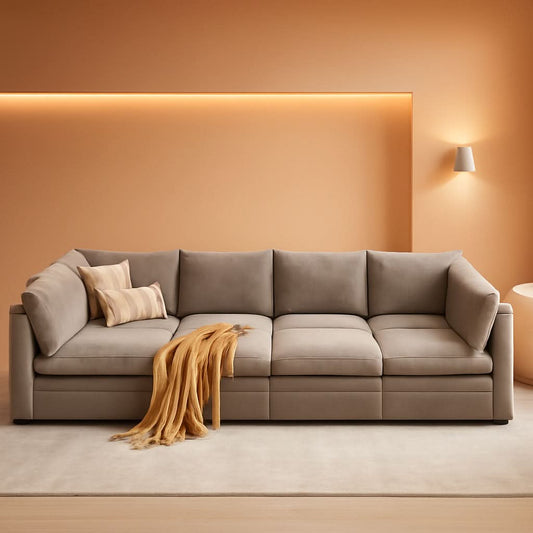Taupe 127-inch cloud modular sectional sofa in a warm living room