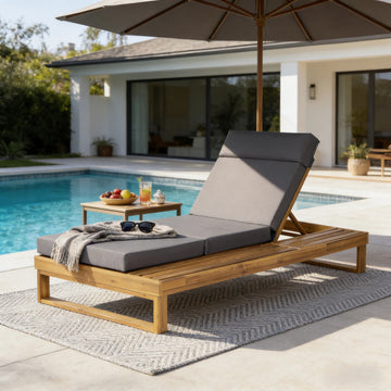 Teak-Finish Acacia Chaise Lounge with Cushion Set