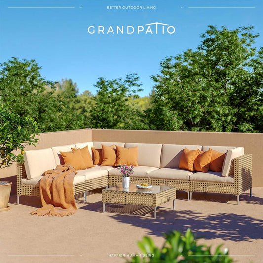 7-Piece Wicker Patio Set with Water-Resistant Beige Cushions
