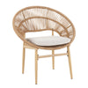 Cyril Outdoor Wicker Papasan Style Dining Chair  Teak Finished Leg And Light Brown Faux Rattan  Beige Cushion  Set Of 2