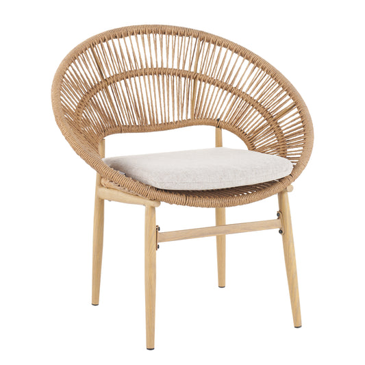 Cyril Outdoor Wicker Papasan Style Dining Chair  Teak Finished Leg And Light Brown Faux Rattan  Beige Cushion  Set Of 2