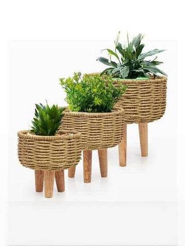 Set of 3 Woven Rope Planters with Wooden Legs Home
