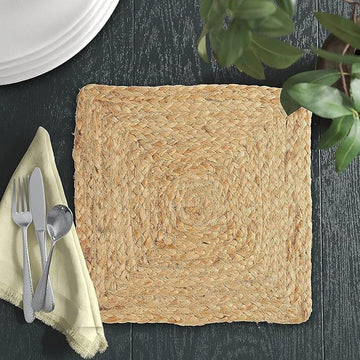 Jute Braided Placemats|Reversible|Set of 6|12x12|Non-Slip|Square