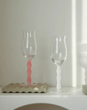 Handblown Wavy-Stem Rose Wine Glasses, Set of 4