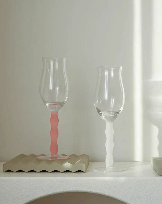Handblown Wavy-Stem Rose Wine Glasses, Set of 4
