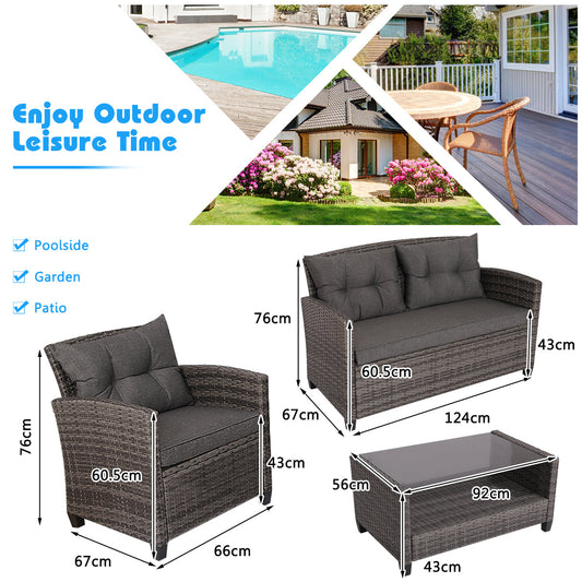 4-Piece Patio Wicker Conversation Set with Glass Coffee Table, Grey
