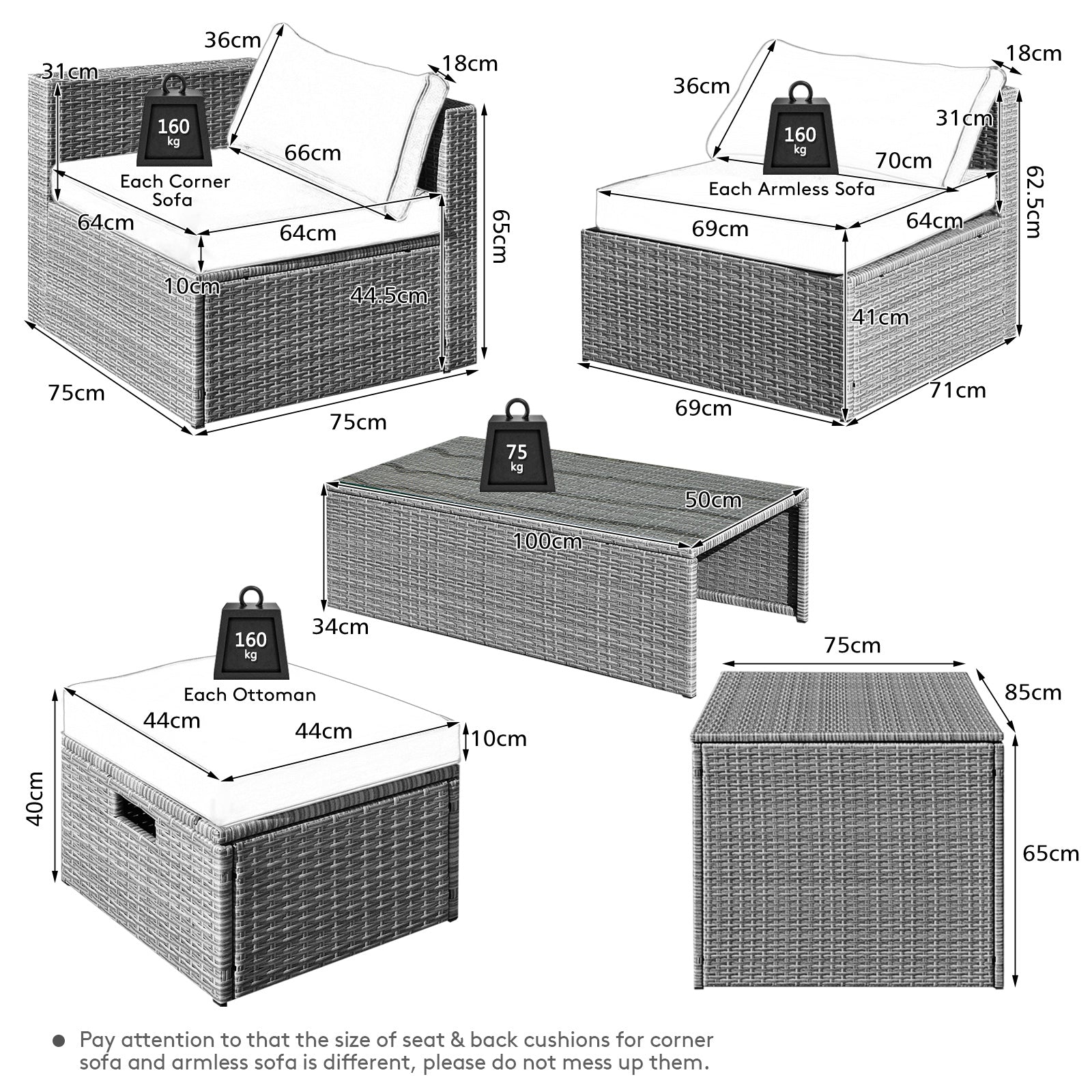 NNECW  8-Piece Outdoor Grey PE Rattan Conversation Set with Washable Cushion Covers-Black-3