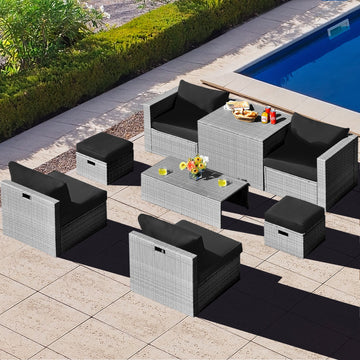 NNECW  8-Piece Outdoor Grey PE Rattan Conversation Set with Washable Cushion Covers-Black-0
