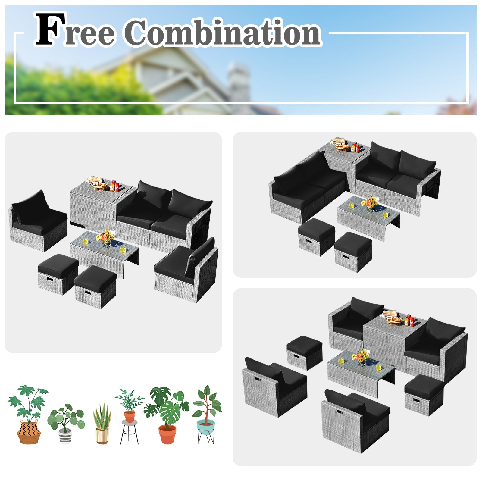 NNECW  8-Piece Outdoor Grey PE Rattan Conversation Set with Washable Cushion Covers-Black-4