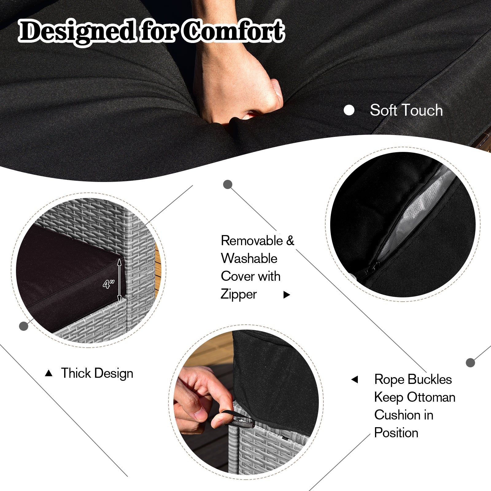 NNECW  8-Piece Outdoor Grey PE Rattan Conversation Set with Washable Cushion Covers-Black-2