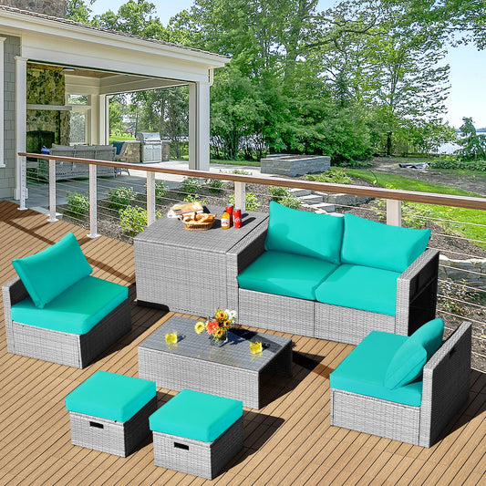 8-Piece Grey PE Rattan Conversation Set, Washable Cushions