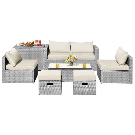 8-Piece PE Rattan Outdoor Conversation Set, White Washable Covers