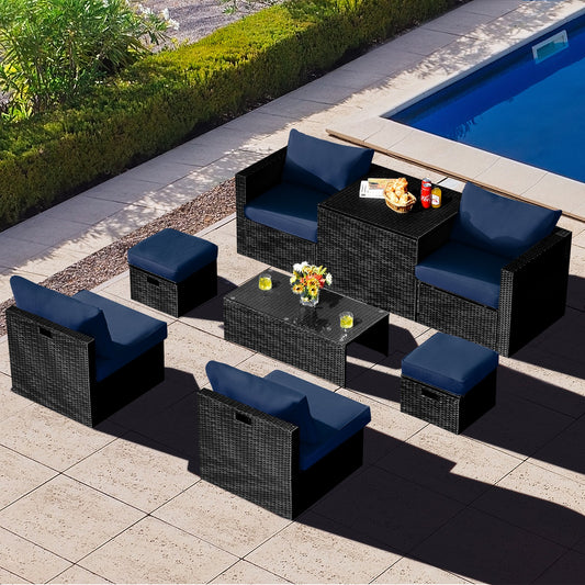 8-Piece Outdoor PE Rattan Conversation Set, Navy Cushions