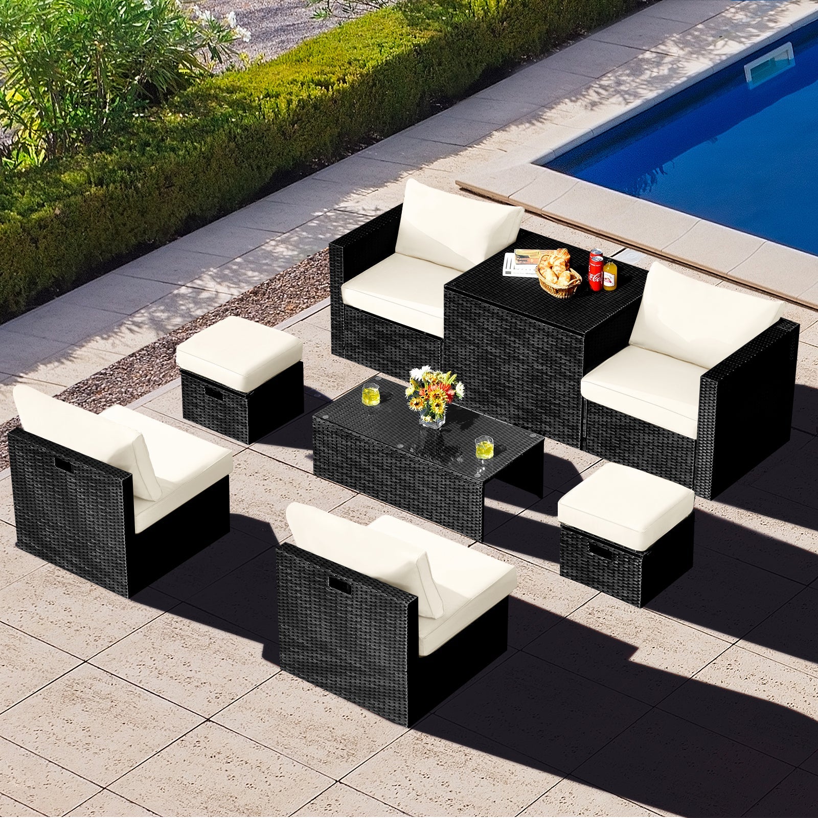 NNECW  8 Pieces Outdoor PE Rattan Conversation Set with Washable Cushion Covers-White-0
