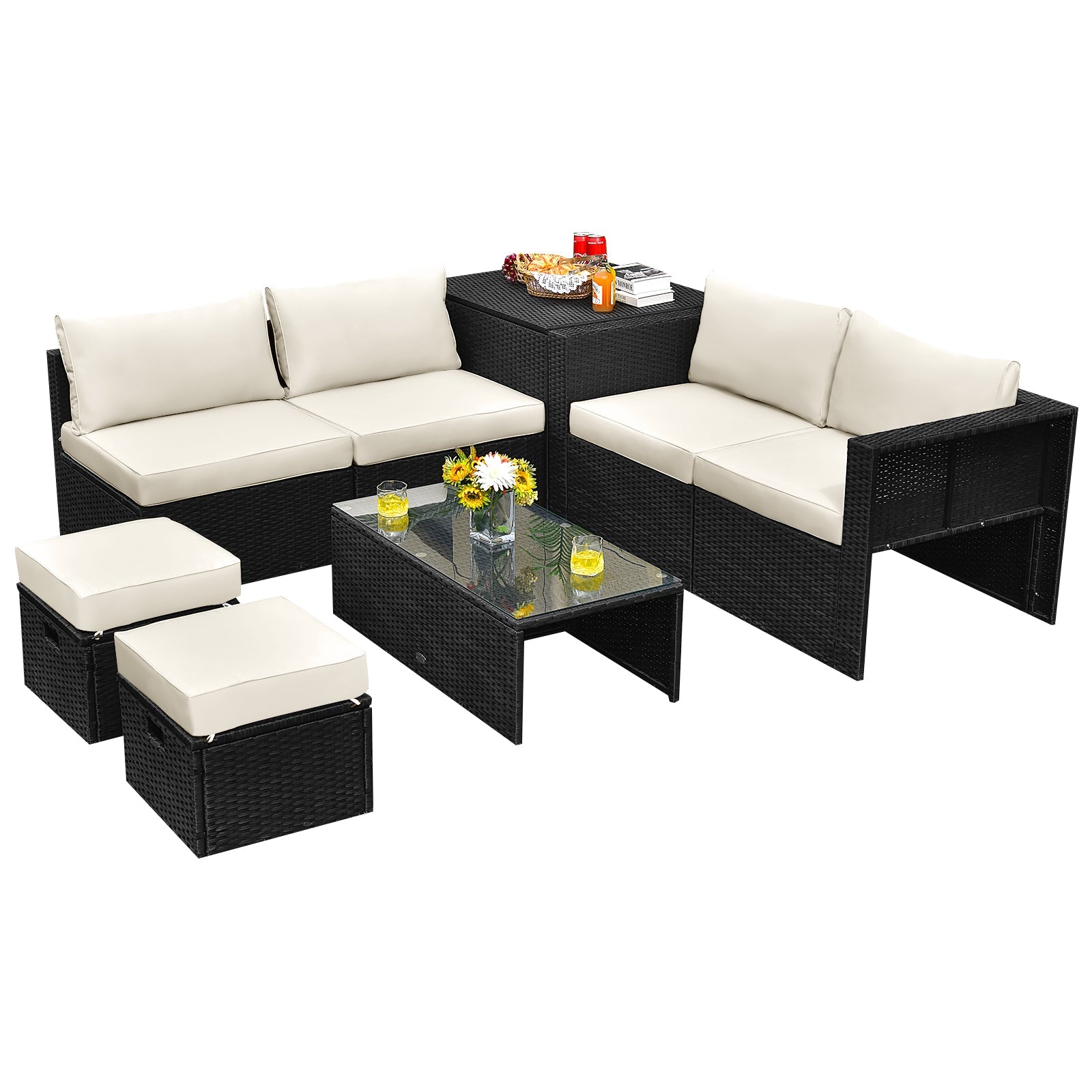 NNECW  8 Pieces Outdoor PE Rattan Conversation Set with Washable Cushion Covers-White-1