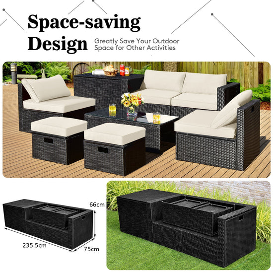 NNECW  8 Pieces Outdoor PE Rattan Conversation Set with Washable Cushion Covers-White-2