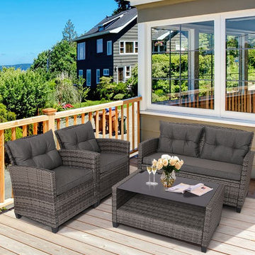 4-Piece Patio Wicker Conversation Set with Glass Coffee Table, Grey