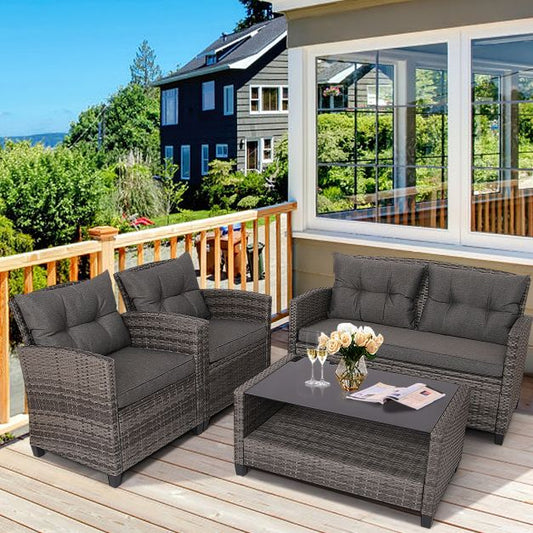 4-Piece Patio Wicker Conversation Set with Glass Coffee Table, Grey