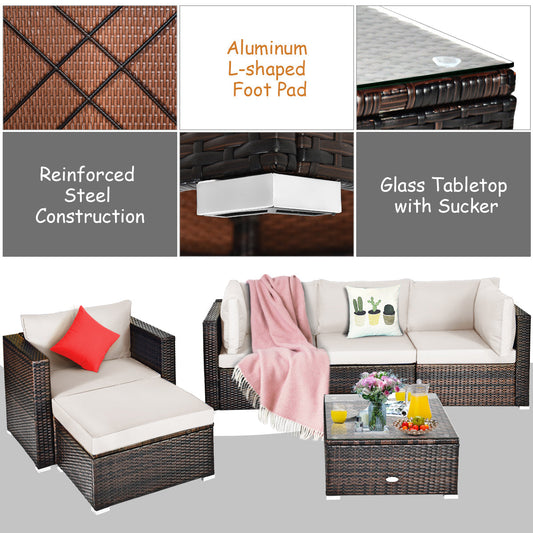 6-Piece Patio Rattan Sectional Set with Seat Cushions
