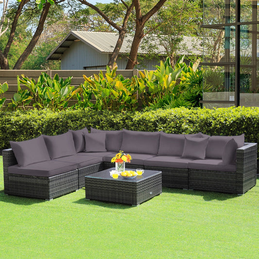 7-Piece Patio Rattan Conversation Set with Cushions, Gray