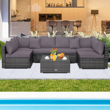 7-Piece Patio Rattan Conversation Set with Cushions, Gray