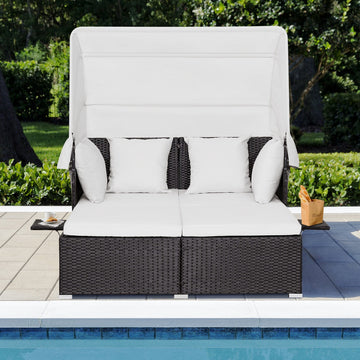 Outdoor Rattan Daybed with Retractable Canopy for Patio & Yard