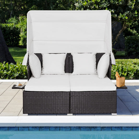 Outdoor Rattan Daybed with Retractable Canopy for Patio & Yard