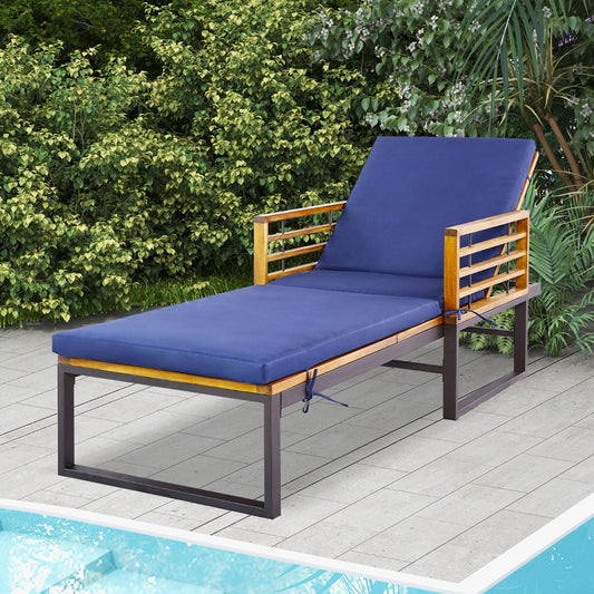 Acacia Wood Patio Chaise Lounge Chair with Armrests