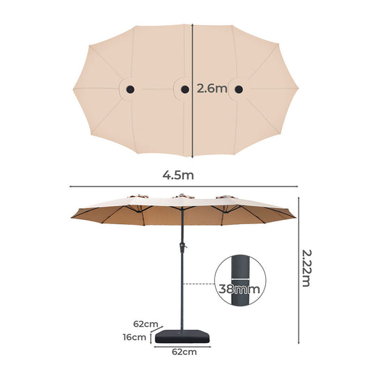 Centra 4.5M Double-Sided Patio Umbrella with Base and Stand, Khaki