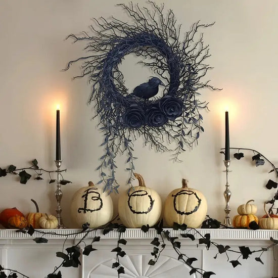NNETM Halloween Wreath Crow & Dark Blue Roses-2