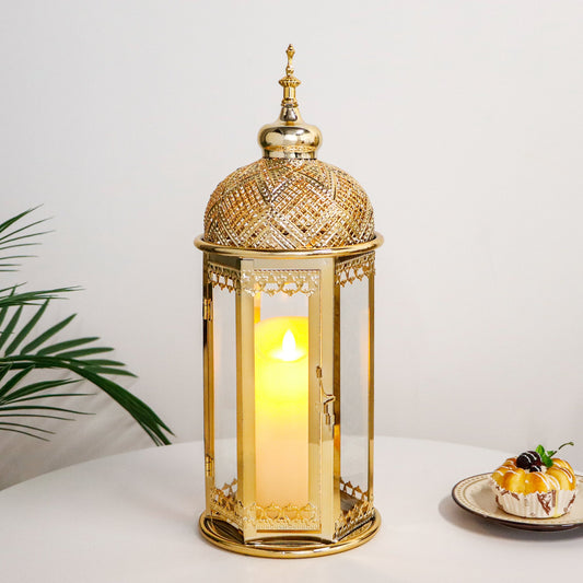 Moroccan Candle Lantern 17'' Gold Hexagonal Candle Holder