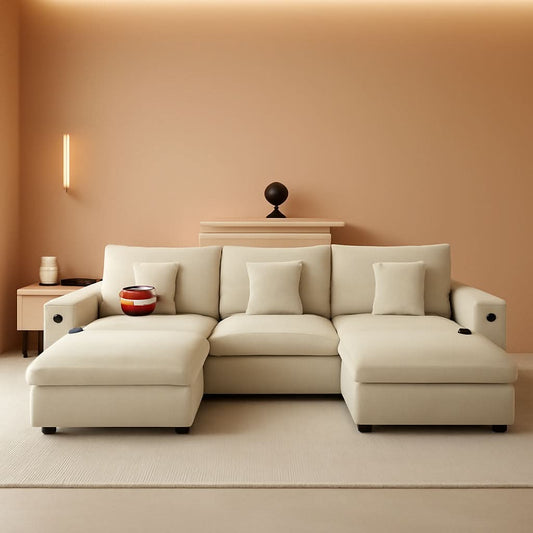 White 116-inch cloud U-shaped sectional sofa with ottoman in a warm living room