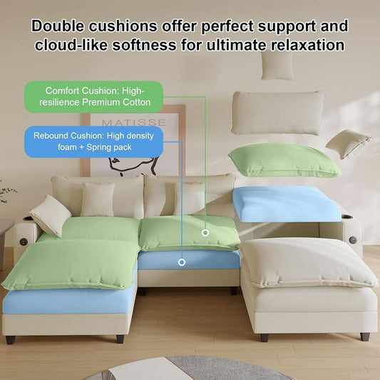 White 116-inch cloud U-shaped sectional sofa with ottoman, detail view 2